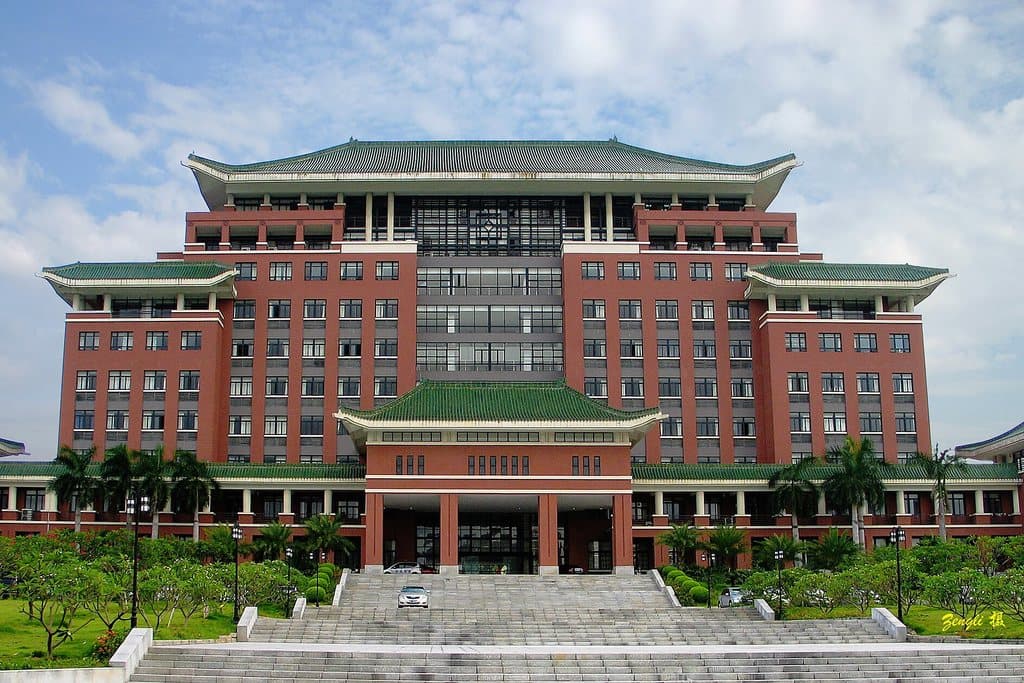 South China Agricultural University's administration building, green tiled roofs over red brick